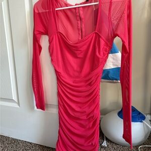 Fashion Nova Red Ruched Long Sleeve Bodycon Dress